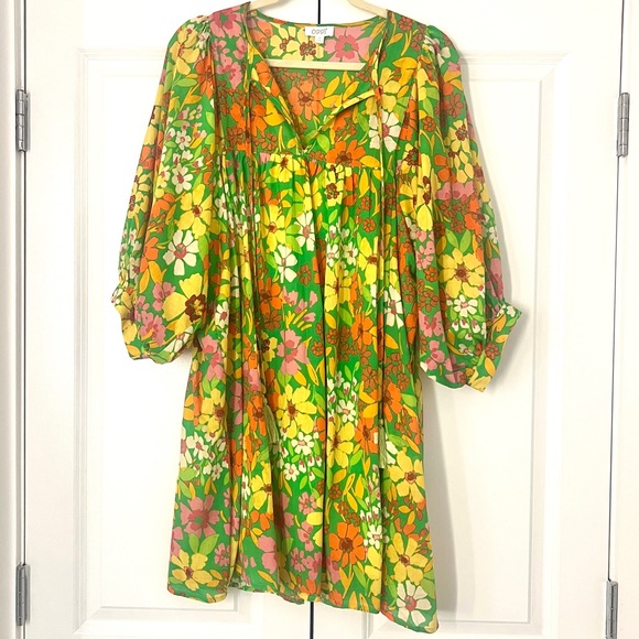 ODDY Dresses & Skirts - ODDY Babydoll Dress Women’s Small Green Floral Boho Puff Sleeve Tassel Oversized
